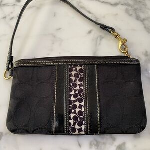 Coach Monogram Black and White Jacquard Wristlet with Gold Hardware